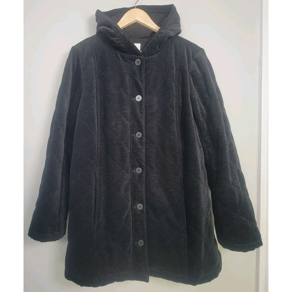 J Jill Womens M Hooded Button Front Jacket Black Polyester Blend